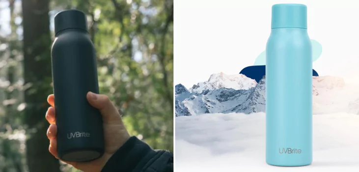 person holds UVBrite in the forest and UVBrite  in icy background